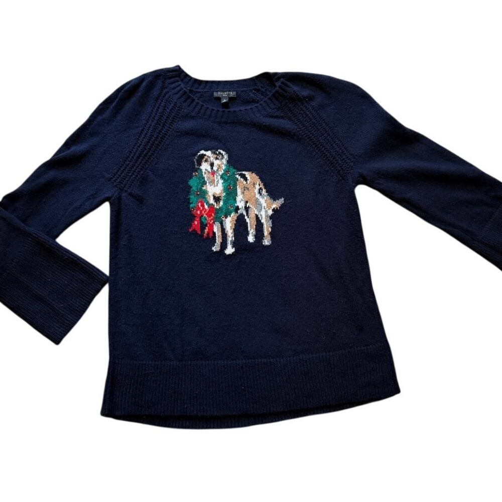 Talbots Petite Navy Christmas Dog Sweater | Small